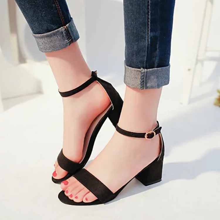 

New Women Sandals Shoes Buckle Strap Flock Shallow 5.5cm Thick High Heels Sexy Lady Casual Female Pumps Shoes zapatos de mujer