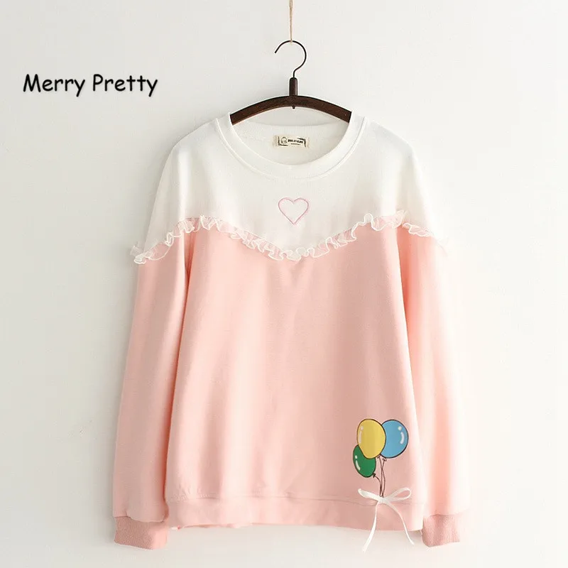 

Merry Pretty New Spring Kawaii Pink Pullovers Women Long Sleeve Color Block Patchwork Sweatshirt Lace Ruffles Bow Sweet Hoodies
