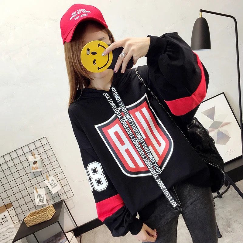 Harajuku с мультяшным принтом плюс бархатные осенние женские толстовки корейская мода уличная Женская пуловер с капюшоном свитер Топ