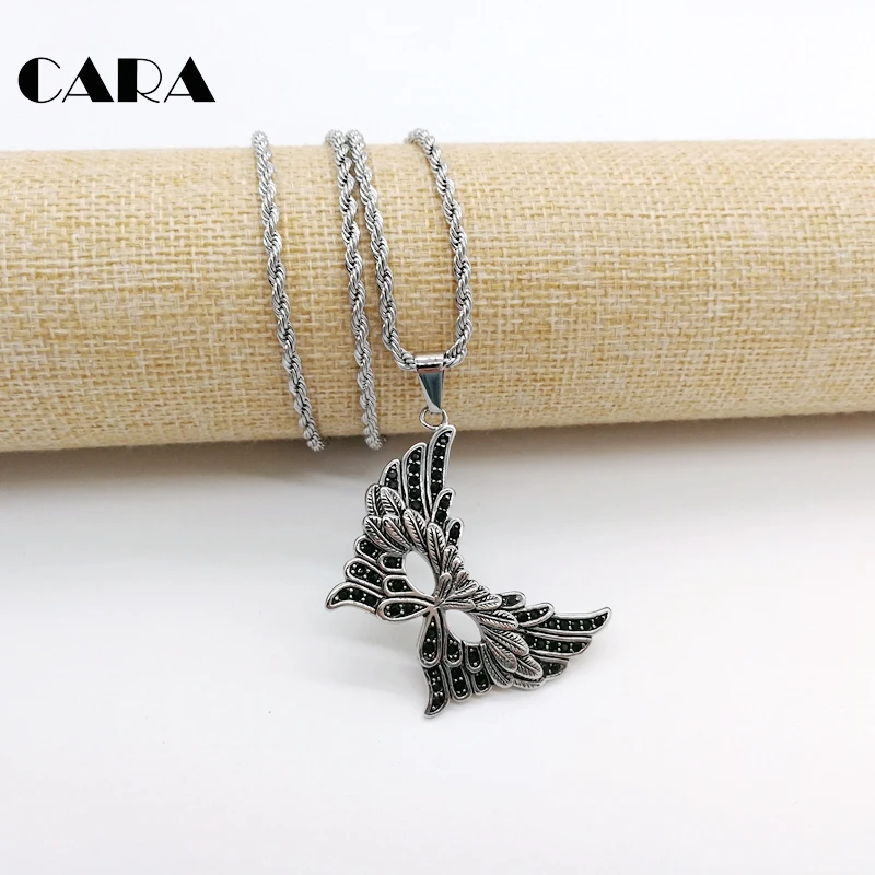 CARA 316L перо из нержавеющей стали Вечерние Маски ожерелье кулон женский Стильный Полный cz камни маска-бабочка ожерелье CARA0539