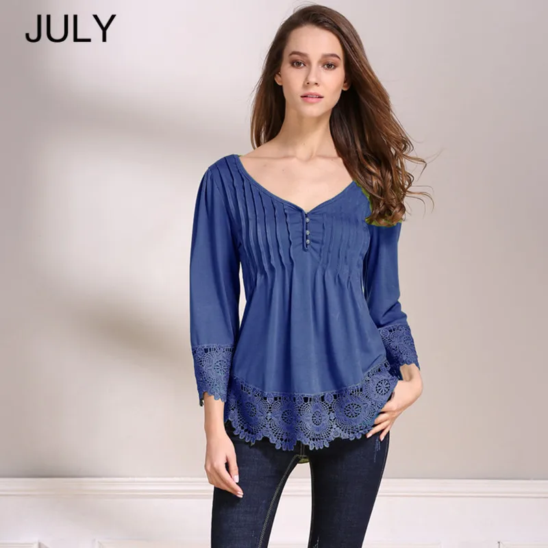 

2019 summer Women Shirts Elegant Lace V Neck Blouses Tops Spring Sexy Ladies 3/4 Sleeve Plus Size 4XL JULY