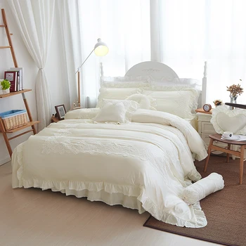 

White cotton silk luxury royal bedding set king queen size European duvet cover bedlinen Fashion lace princess bed skirt set