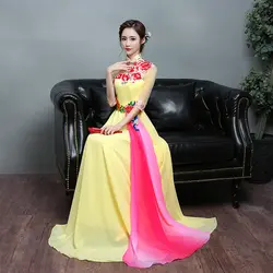 Китайский стиль для женщин аппликации Qipao Oversize Вечеринка платья выпускного вечера торжественное платье элегантный этап платье для сцены