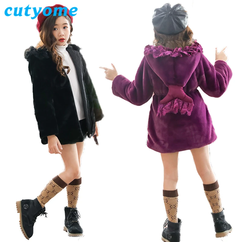 

Winter Fashion Baby Girl Faux Fur Jacket Teenage Kid Princess Fashtail Lace Hoodie Fur Coats Children Outerwear Fleece Clothes 8