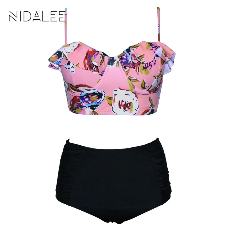 

New Wooden Ear Bikinis High Waist Sexy Swimwear Gather Beach Wear 2019 Brazilian Women's Swimsuits Solid Dot Print Bathing Suit