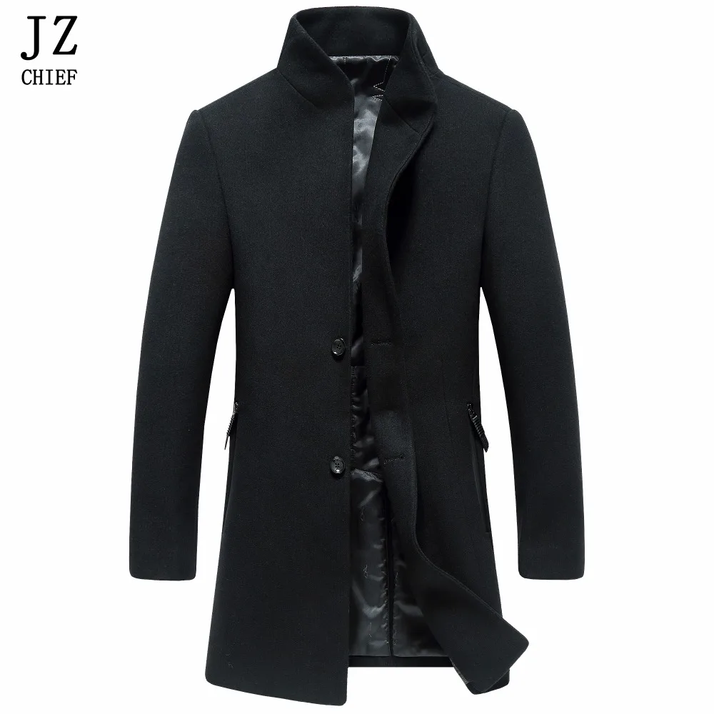 JZ CHIEF Men Coat Wool Winter Long Casual Jacket Men Mandarin Collar