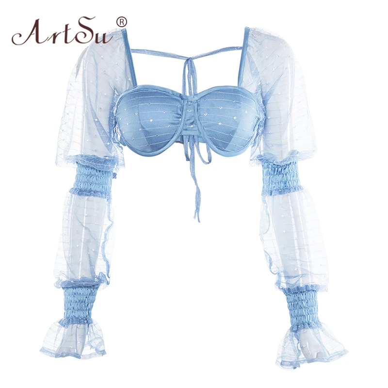 

ArtSu Polka Dot Puff Sleeve T Shirt Women Mesh Hollow Out Sexy Square Collar Party Crop Top Blue Lace Up Backless Summer T-Shirt