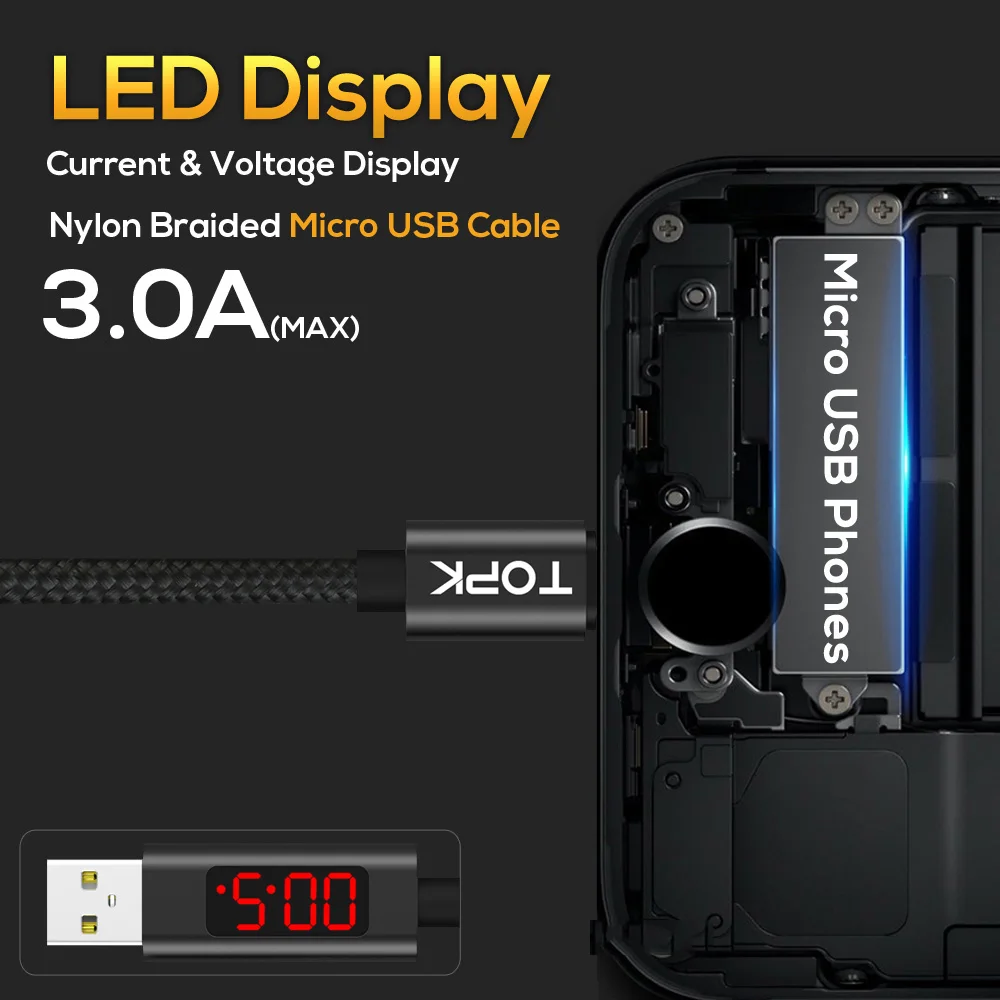TOPK 1 m (pies) carga de datos Micro USB voltaje Digital LED y pantalla de corriente Cable USB trenzado de nailon para Samsung Xiaomi LG