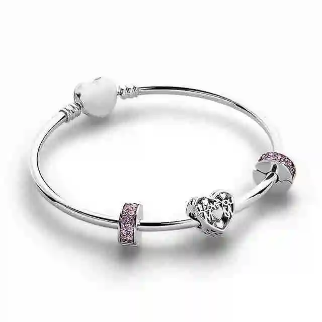 

SIEMTO 100% 925 Sterling Silver I LOVE YOU MOM Charm PINK SHINING ELEGANCE SPACER CLIP MOMENTS Heart A Set