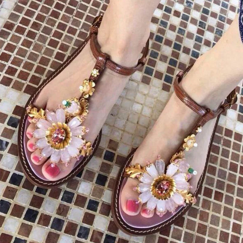 Summer Women Flower Decoration Flat Sandals T Strap Crystal Metal