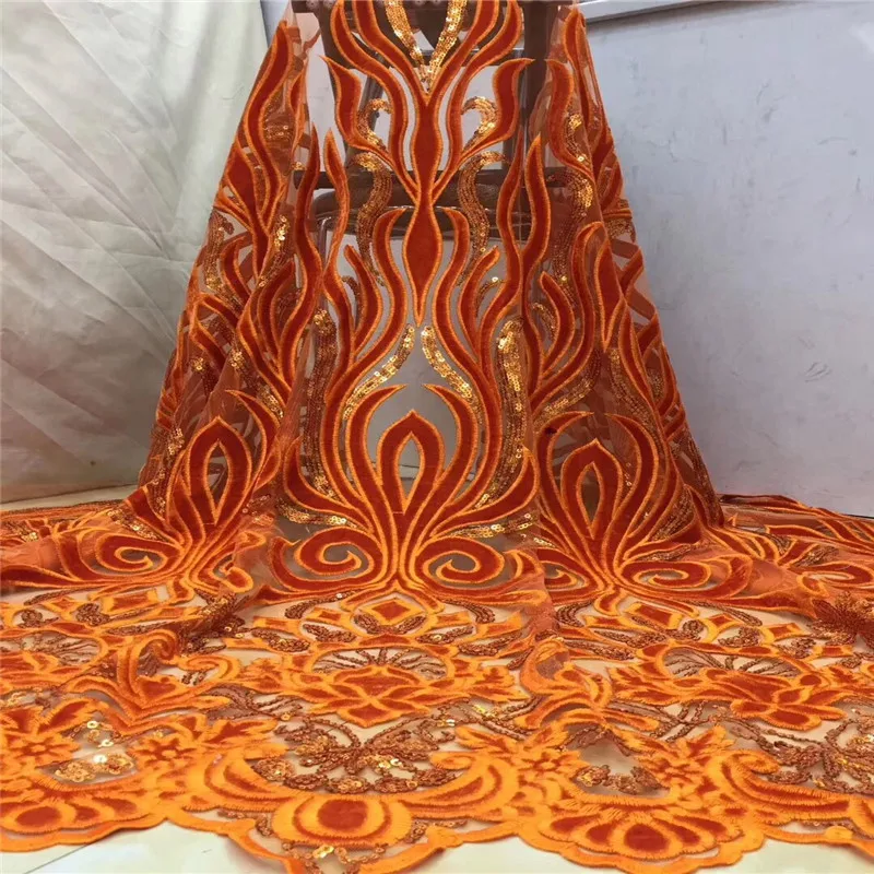 

2019 Fast Shipping very soft Orange French velvet lace fabric with sequins for women high quality african tulle lace CDA205-3