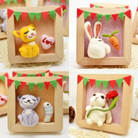 

Cat and Rabbit Adult Gift Christmas Photo Frame wool needlepoint kit wool felt needle felting decoration craft needlecraft DIY