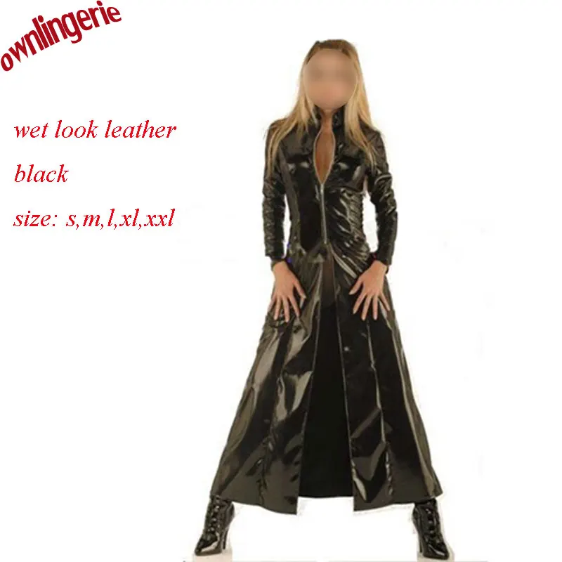 

Free Shipping Wetlook Leather PVC Sheathy Coat Autumn winter black Pu Leather coat men Slim Long jacket leather trench coats