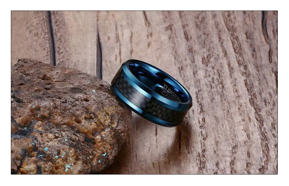 Meaeguet Trendy 8MM Blue Tungsten Wedding Bands For Men With Black Carbon Fiber Tungsten Carbide Ring Jewelry USA Size (6)