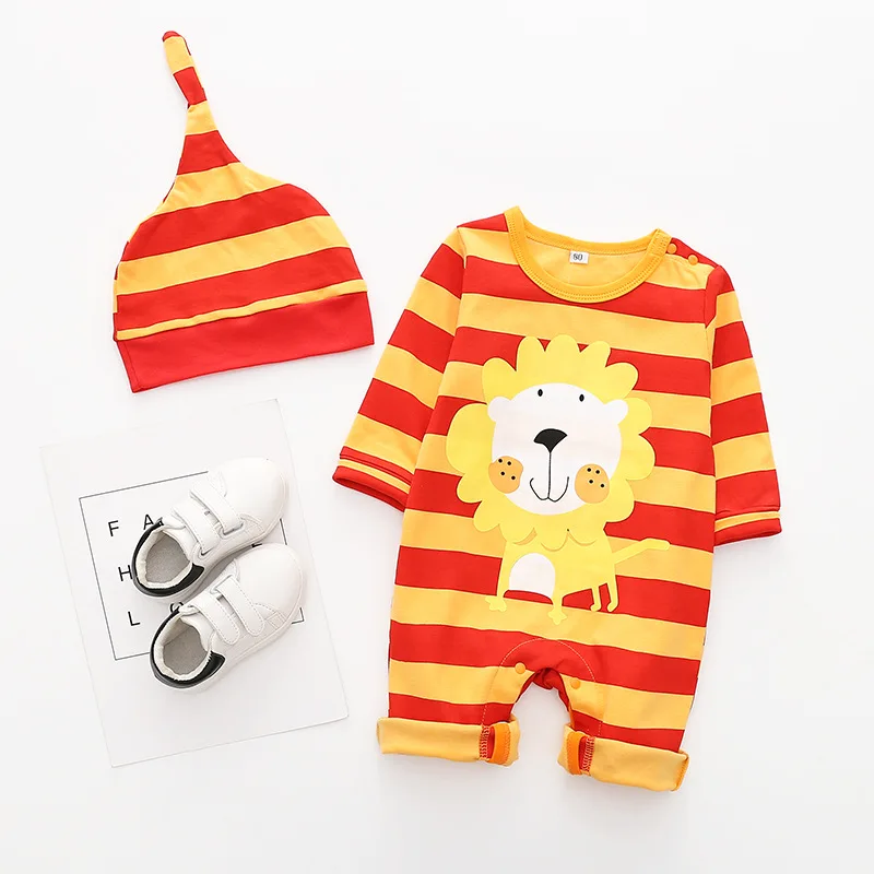 Весенне-осенний Детский комбинезон с длинными рукавами, хлопковый комбинезон с рисунком панды для младенцев, Одежда для новорожденных, комбинезон+ шапка, одежда для малышей