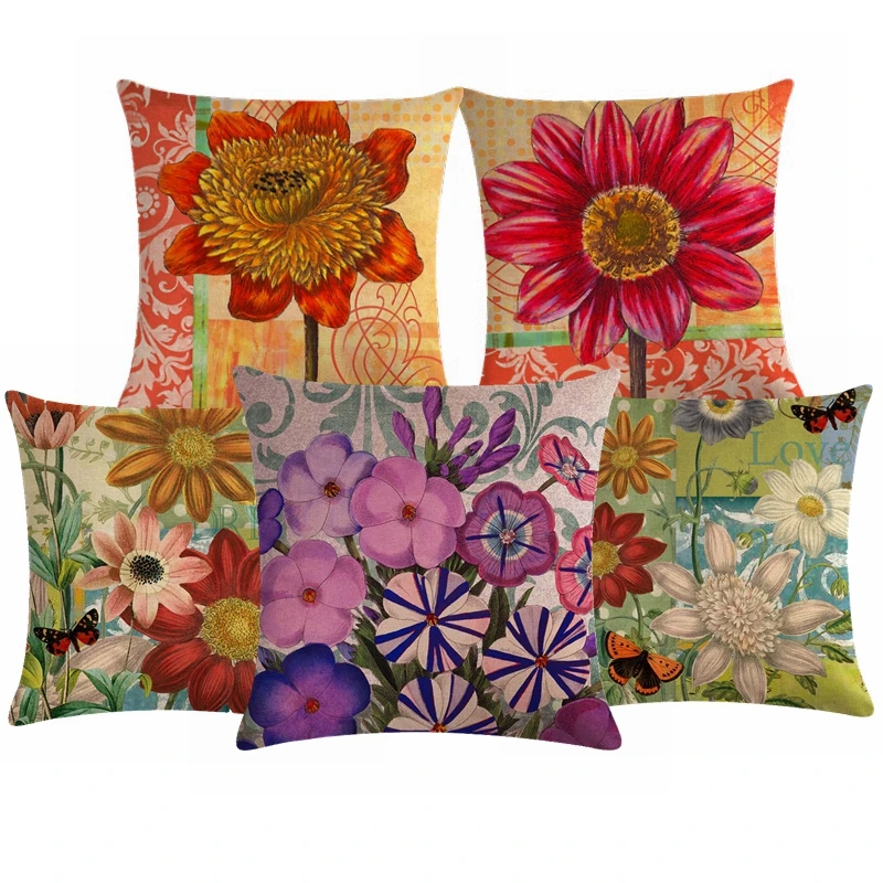 cheap Retro Flower Home Decorative Pillow Case For Sofa Vintage Style Office Chair Cotton Linen Cushion Cover