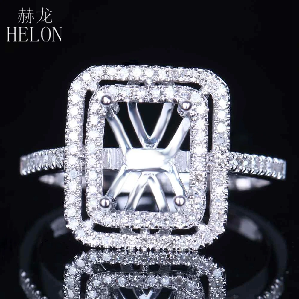 HELON Solid 14 K White Gold8x6mm Изумрудное кольцо полукрепление обручальное кольцо с натуральным бриллиантом Halo женское тонкое Ювелирное кольцо