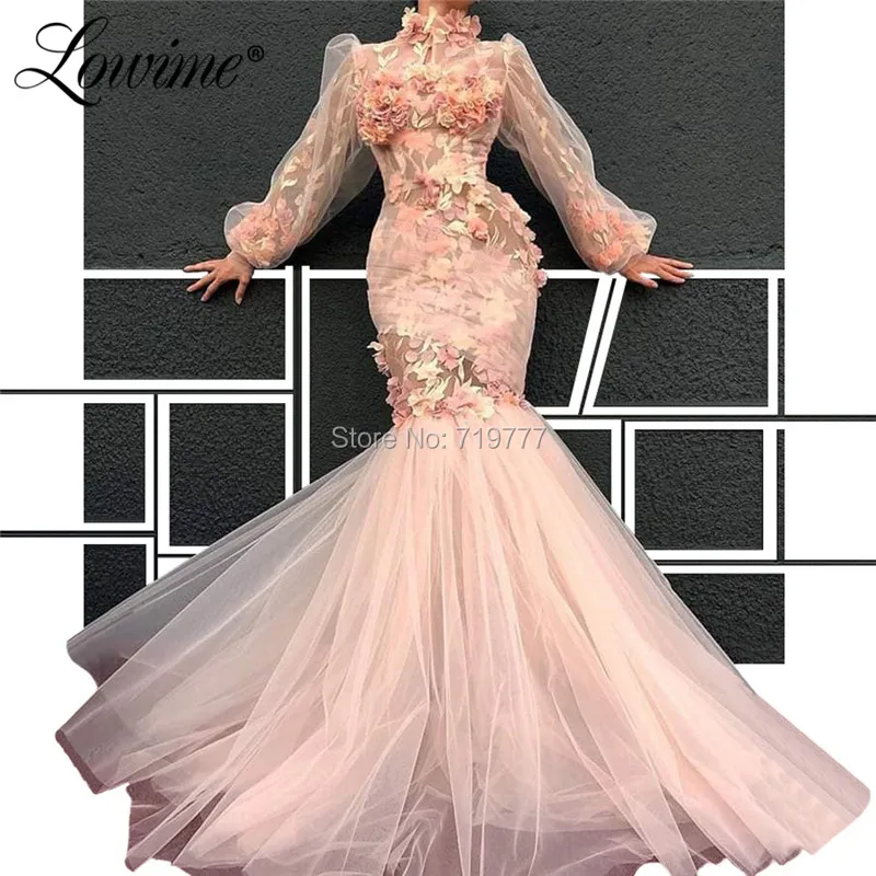 Pink Mermaid Floral Pattern Evening Dress Long Sleeves Tulle With Handmade Flowers Party Gown 2019 Abiye Vestidos Prom Dress