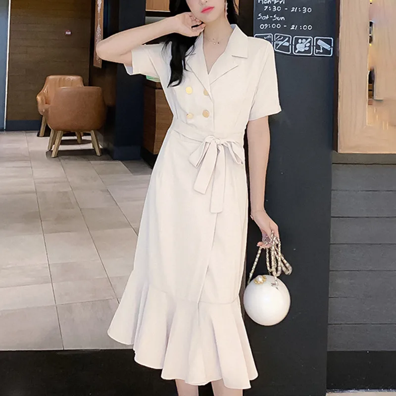 

Colorfaith New 2019 Women Dresses Spring Summer Elegant Ladies Notched Ruffles Long Dresses Lace Up Bow Double Breated DR3944