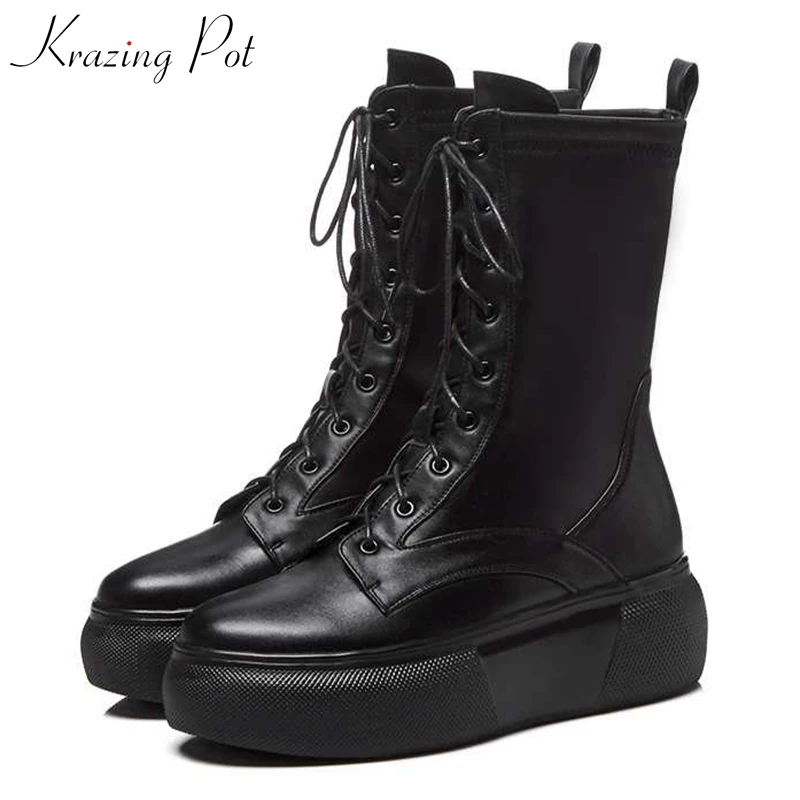 

Krazing Pot 2019 genuine leather sheep suede wedges high heels round toe thick bottom model move star Chelsea mid-calf boots L91