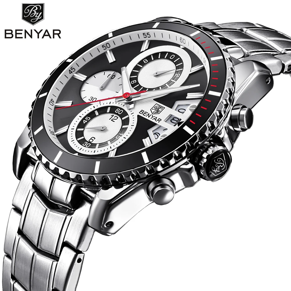 

BENYAR Brand Sport Men Watch Quartz Wristwatch Stainless Steel Band Wrist Army Military Male Watches Clock Relogio Masculino