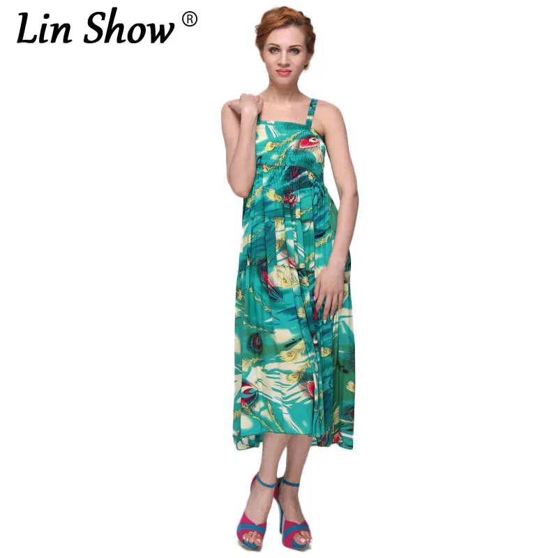 LINSHOW Green Floral Printed Women Dress Summer Cotton Dresses Long