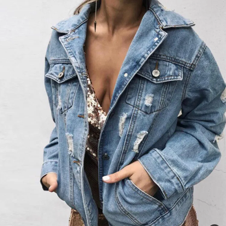 

Solid Turn-down Collar Loose Casual Short Denim Jacket Woman Basic Outerwear Coat Top Base Blue Fashionable Denim Feminine MP151