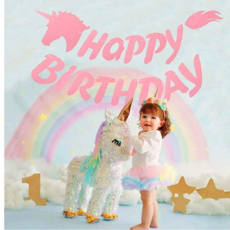 Unicorn Banner Garland Happy Birthday Pink Unicorns flags Bunting Hanging Birthday Party