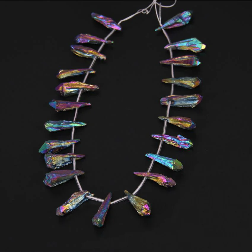 

15.5 inches of strand Raw Rough Rainbow Mystic Quartz Crystal Points Pendants,Dagger Teardrop Shape Sticks Stone Beads Necklace