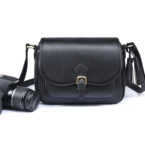 Roadfisher черный коричневый из искусственной кожи женские дамы путешествия кисточкой камера сумка Вставить чехол для Canon Nikon sony Fuji цифровой SLR DSLR - Цвет: Black