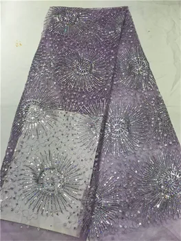 

New Arrival Beautiful French Sequins Lace Fabric Velvet Lace With Light Purple African Lace Fabric For Party Dress ff49
