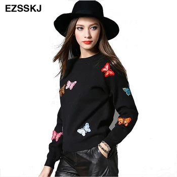 

2018 winter women sweaters and pullovers Knitted butterfly appliques Sweater top long Sleeve womens Casual Autumn sweater femme