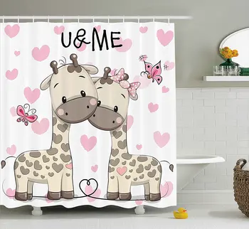 

Kids Decor Shower Curtain Cute Giraffes in Pure Valentine's Love with Butterflies and Hearts Bows Art Fabric Bathroom Decor Set