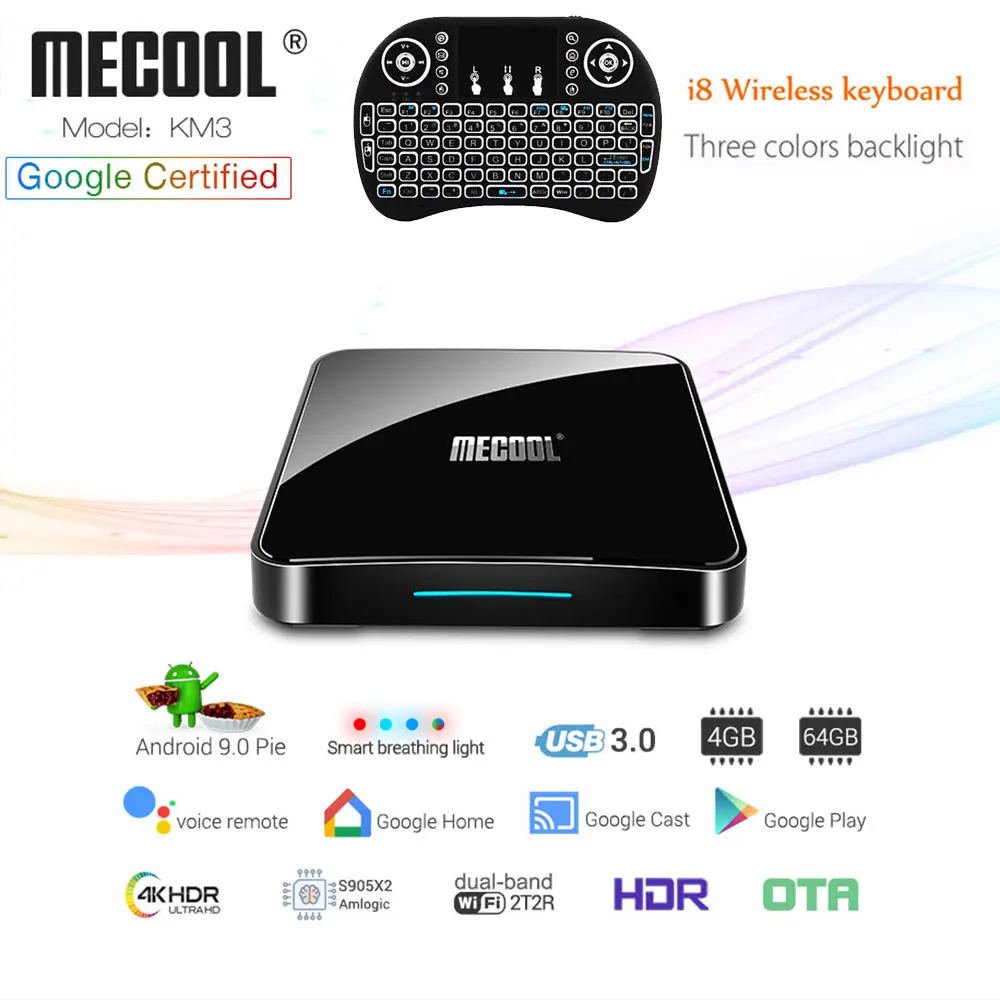 

MECOOL KM3 ATV Androidtv 9.0 Google Certified Android 9.0 TV Box 4GB 64GB Amlogic S905X2 4K 2.4G 5G Dual Wifi BT4.0 Set Top Box