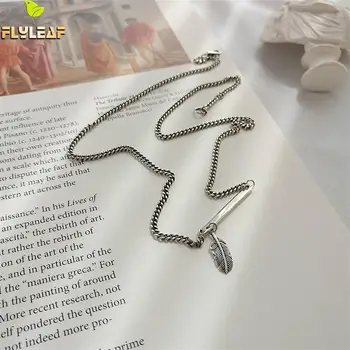

Flyleaf Ins Style Feather Real 925 Sterling Silver Necklace For Women Vintage Chain Fine Jewelry Simple Necklaces & Pendants