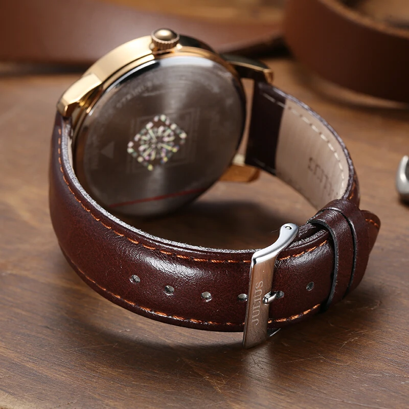 Популярные мужские деловые классические водонепроницаемые наручные часы, модные повседневные кварцевые мужские часы с календарем и кожаным ремешком, роскошные Брендовые Часы Julius
