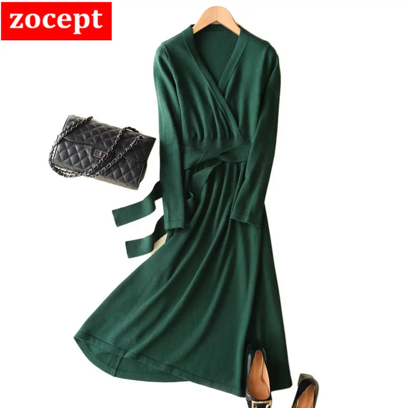 

zocept Sexy V-Neck Women Dress Autumn Winter Blend Cashmere Waist With Belt Casual Solid Long Sweater Dress Female Chic Vestidos