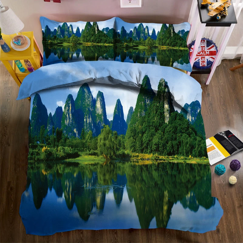 

Green tree reflection in the water 3d effect photo bed linen can be customized photo pattern