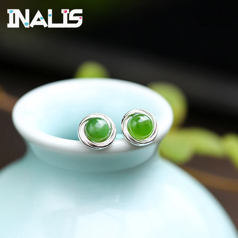 

INALIS Simple Design 925 Sterling Silver Round Flower Stud Earrings Statement Natural Jader Jasper Brincos for Women Jewelry