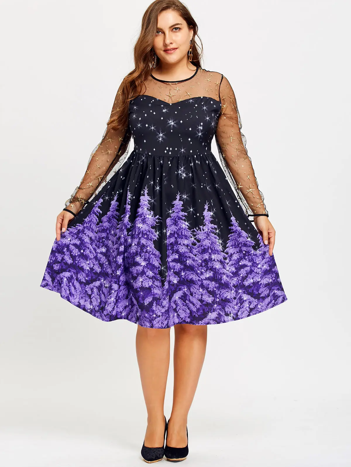 Wipalo Mesh Insert Vintage Dress Women Plus Size Christmas Tree and
