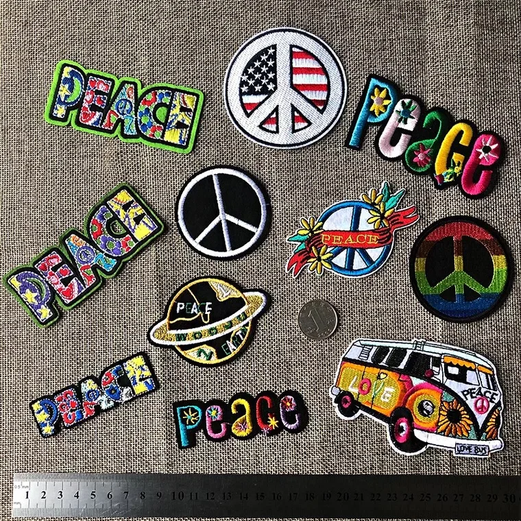 

10PCS Peace Sign Embroidered Patch for Clothes Bags Shoes DIY Accessories Small Letter Bus Embroidery Appliques Sewing Patchwork
