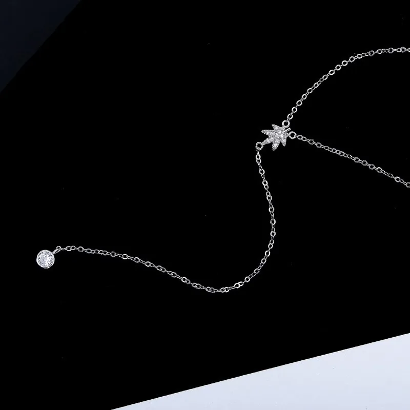 925 пробы Серебряное ожерелье с двойной цепочкой, Кристальные стразы, кленовый лист, ожерелья с кулонами в виде Луны для женщин, ювелирные изделия