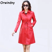 Orwindny НОВАЯ тонкая Повседневная женская кожаная куртка длинный кожаный Тренч Одежда с отложным воротником кожаная куртка M-5XL