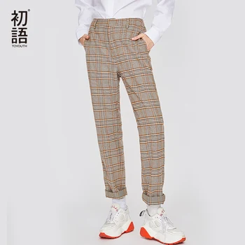 

Toyouth Streetwear Plaid Autumn Pants Khaki Women Pants Ladies Elastic Waist Trousers Casual Mujer Pantalone Full Length Trouser