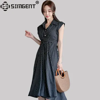 

Simgent Korean Style Women Turn Down Collar Blouse Dress Summer Vintage Elegant Casual Striped Dress Robe Femme Vestidos SO96254