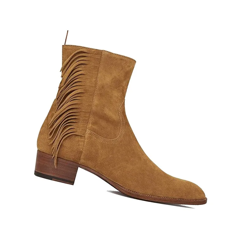 Martin Knöchel Rindsleder Echt Auf Winter Wildleder Leder Runway Reiten Chelsea Mens Stiefel Block Quasten Brown Heels Schuhe Slip RwBqW6a