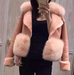 Известного бренда из натуральной кожи замшевые с мехом Куртки для женщин в виде буквы s класса люкс из натурального Лисьего меха, trimed классический меховой куртки бомберы пальто - Color: pink