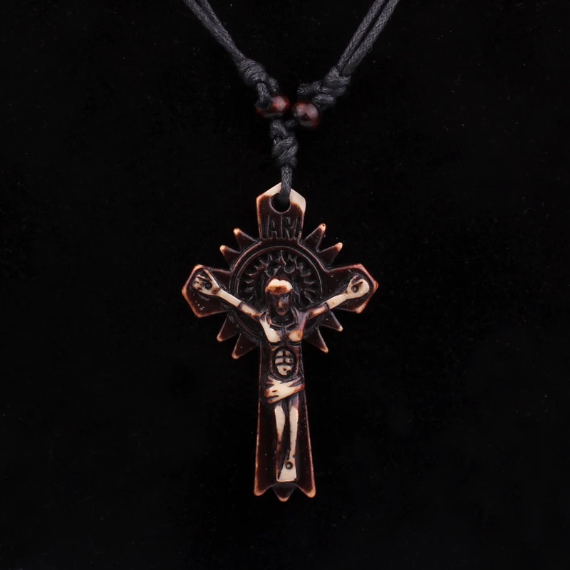

adjustable rope chains wood beads resin small cross necklaces for women men traveling ethnic necklace fj686