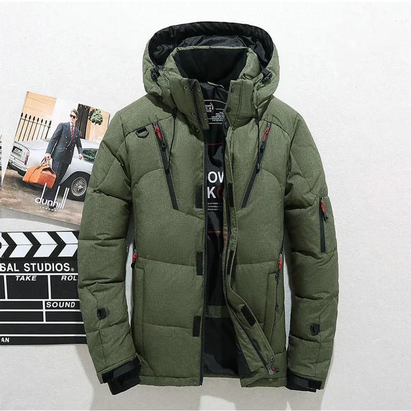 Novo High Quality Winter Warm Thicken Solid Men's Hooded Parkas Casual Male Slim Zipper Pocket Down Coat Jackets(50% WDD - Цвет: Army Green