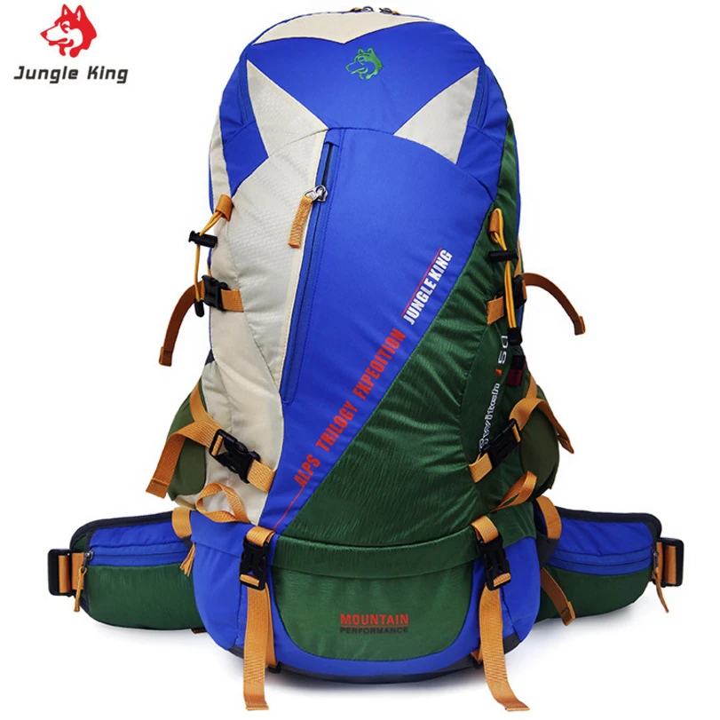 

JUNGLE KING 50L Hot Sale Yellow/Brown/Blue Waterproof Multifunctional Camping Backpack bag with Splicing color hiking backpack